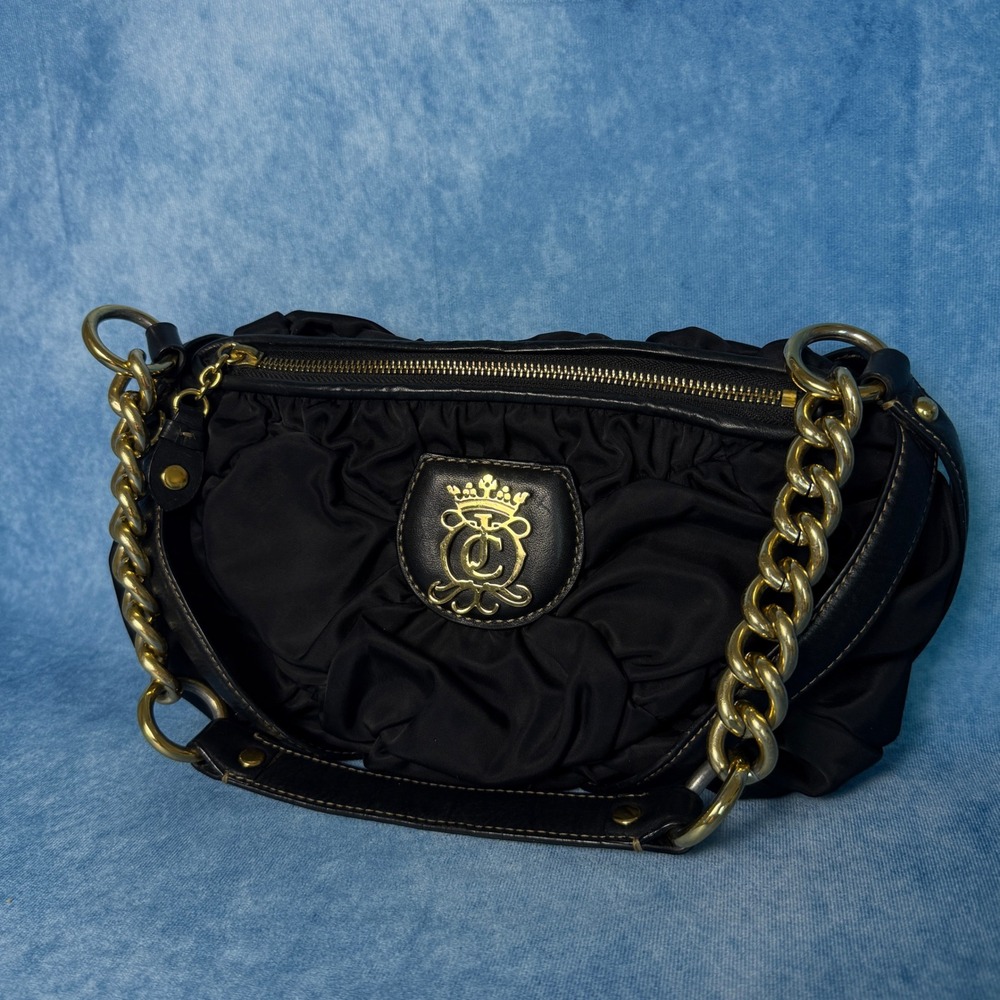 Juicy Couture‎ Black Gathered Nylon Shoulder Bag Gold Chain Y2K Purse